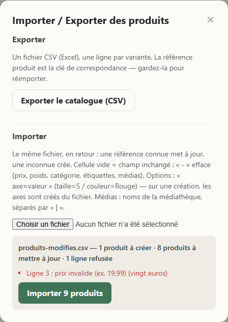 La fenêtre « Importer / Exporter des produits » après l'analyse d'un fichier : le compte des produits à créer et à mettre à jour, une ligne refusée avec sa raison, et le bouton « Importer … produits »