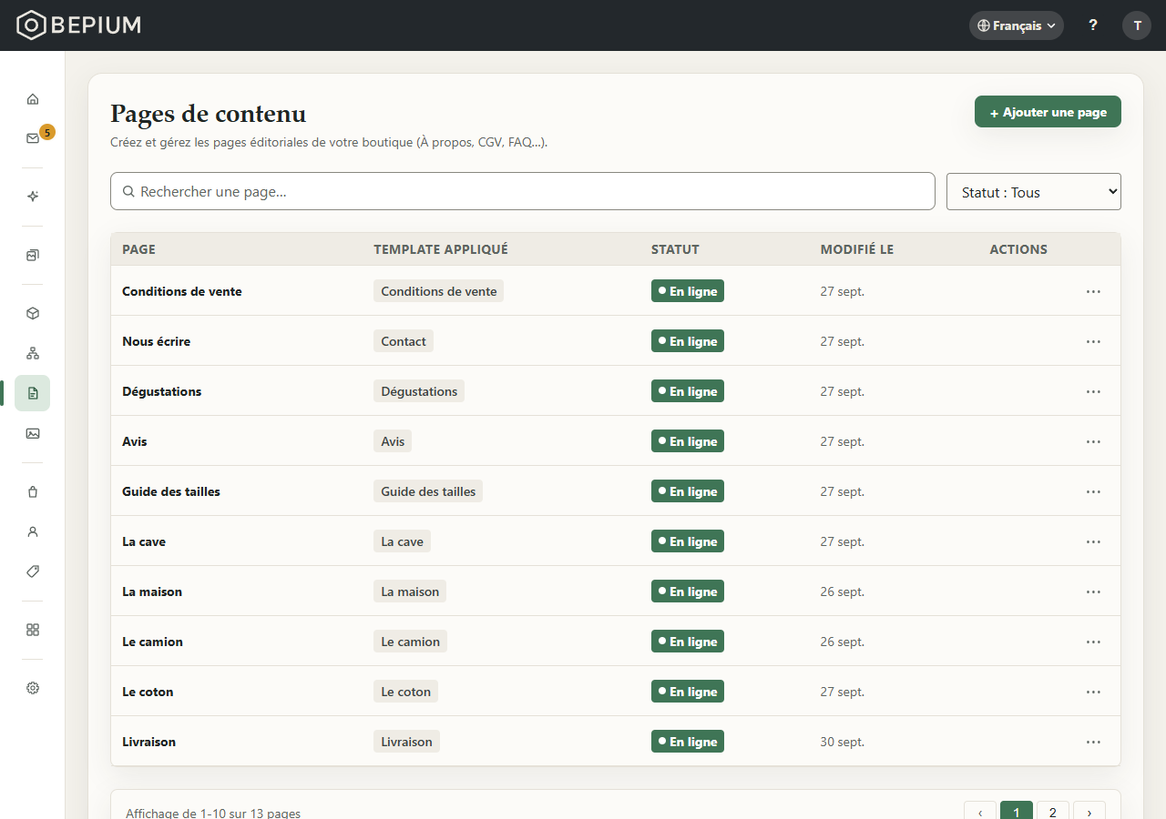 L'écran « Pages de contenu » : la liste des pages avec leur template appliqué, leur statut et leur date de modification