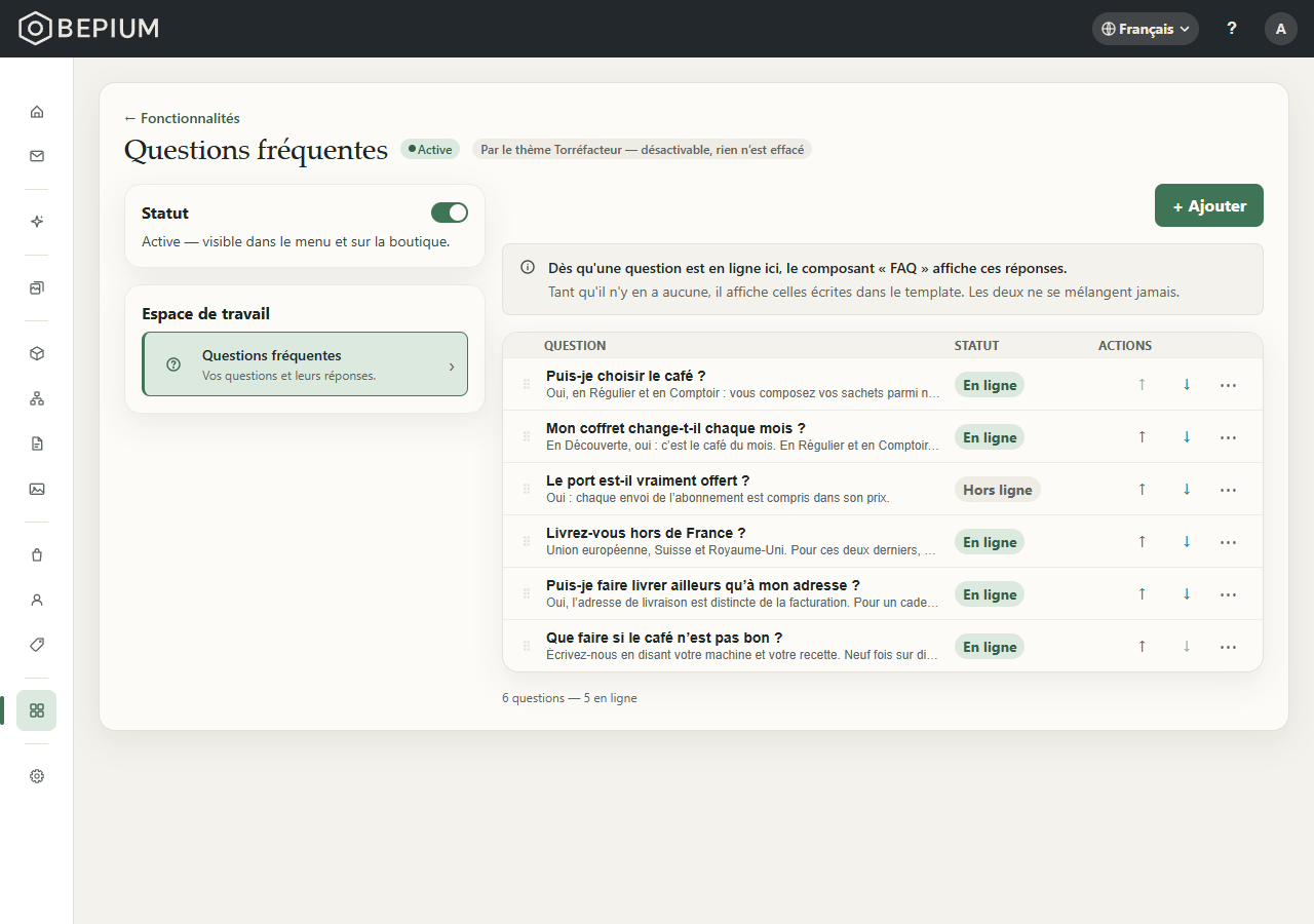 La page « Questions fréquentes » : la carte « Statut » à gauche, et la liste des questions dans leur ordre, chacune marquée « En ligne » ou « Hors ligne »