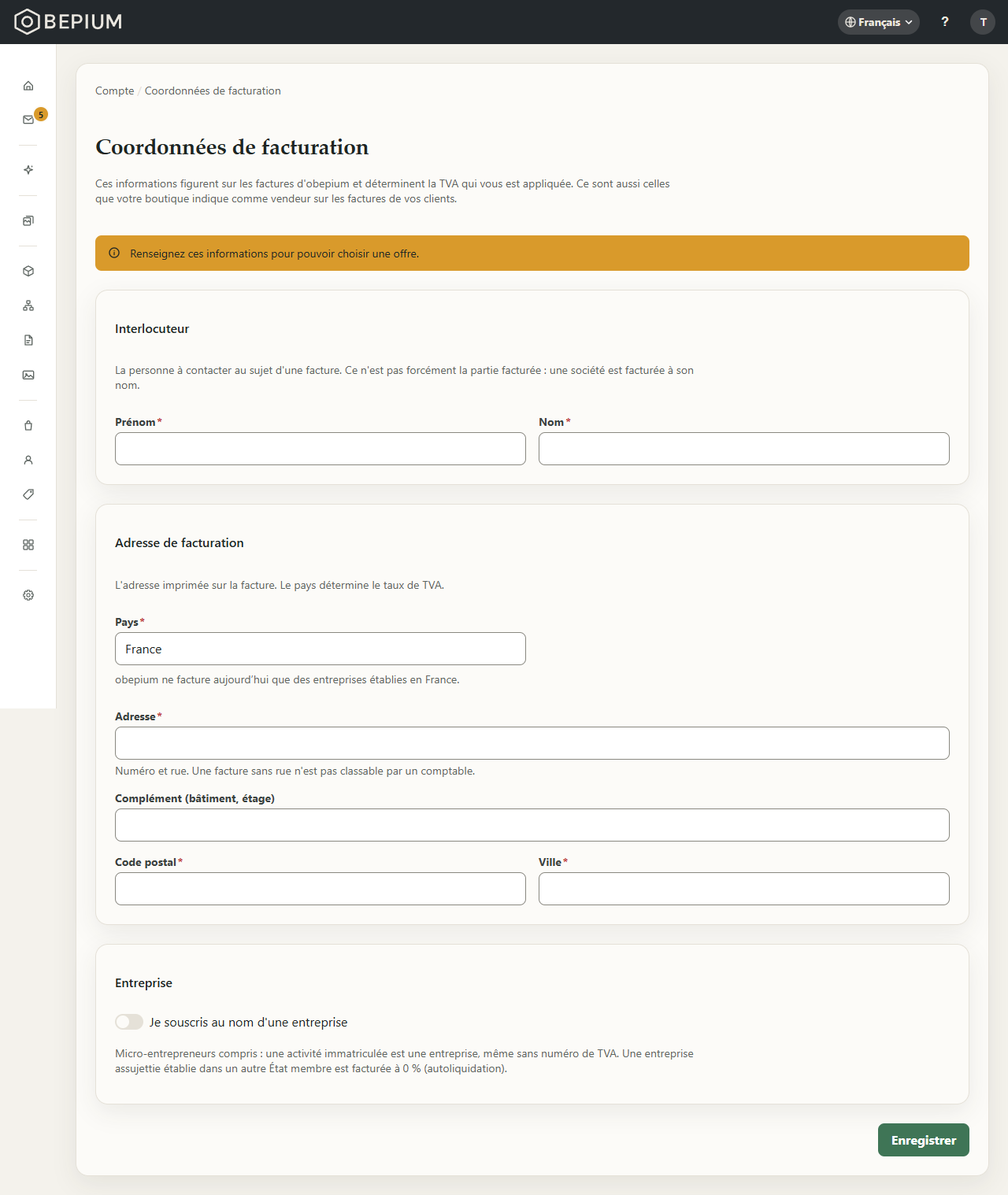 L'écran « Coordonnées de facturation » : Interlocuteur, Adresse de facturation, Entreprise