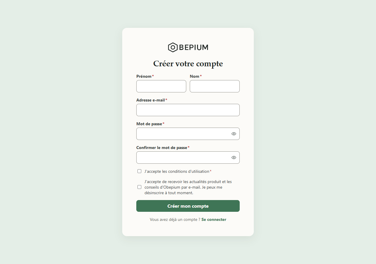 Le formulaire « Créer votre compte » : prénom, nom, adresse e-mail, mot de passe et sa confirmation, les conditions d'utilisation