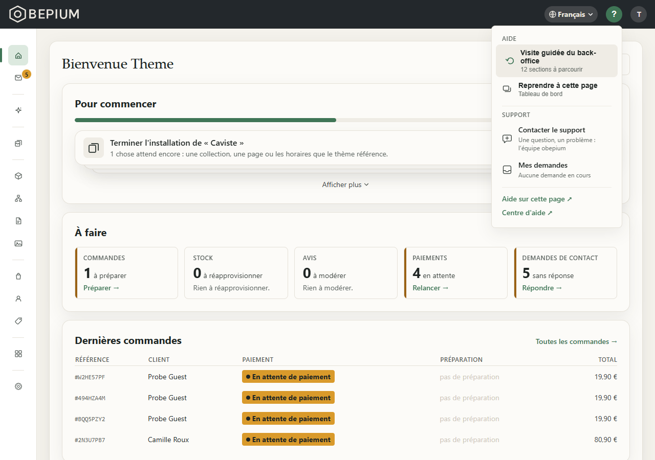 Le menu « ? » ouvert : Visite guidée du back-office, Contacter le support, Mes demandes, Aide sur cette page, Centre d'aide