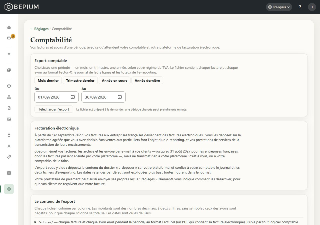 L'écran « Comptabilité » vu par un administrateur : la carte « Export comptable » avec les boutons « Mois dernier », « Trimestre dernier », « Année en cours » et « Année dernière », les champs « Du » et « Au » remplis sur le mois dernier et le bouton « Télécharger l'export », puis la carte « Facturation électronique » et le haut de la carte « Le contenu de l'export »