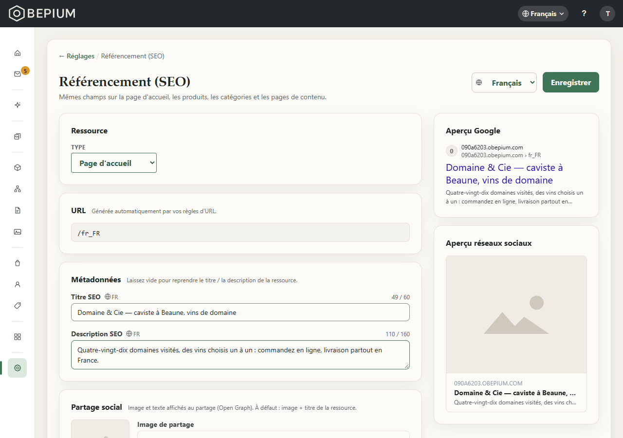 L'écran « Référencement (SEO) » sur la page d'accueil : la carte « Ressource » (« TYPE » : « Page d'accueil »), la carte « URL », la carte « Métadonnées » avec un « Titre SEO » et une « Description SEO » saisis, le haut de la carte « Partage social », et à droite l'« Aperçu Google » et l'« Aperçu réseaux sociaux » qui reprennent ces textes