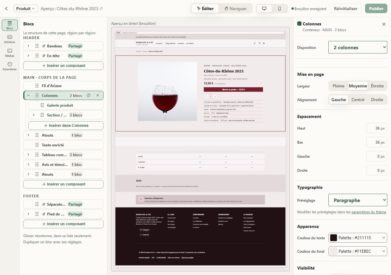 L'éditeur de pages sur la fiche d'un vin : en haut « Produit » et « Aperçu : Côtes-du-Rhône 2023 », à gauche le volet « Blocs » avec les zones HEADER, MAIN · CORPS DE LA PAGE et FOOTER et la section « Colonnes » sélectionnée, au centre l'aperçu « Bureau », à droite les réglages de « Colonnes »